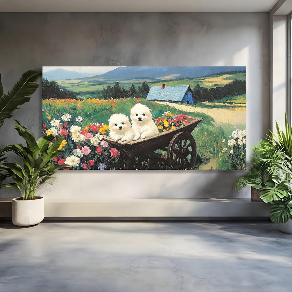 Tablou canvas cu tablou canvas cu catelusi intr-o roaba, fara rama, pe sasiu de lemn